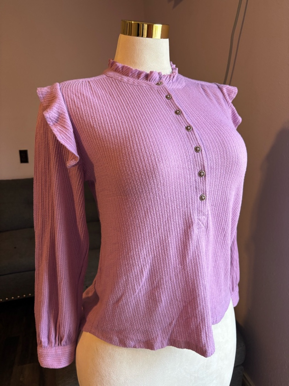 Lee Lavender Ribbed Ruffle Henley Long Sleeve Top